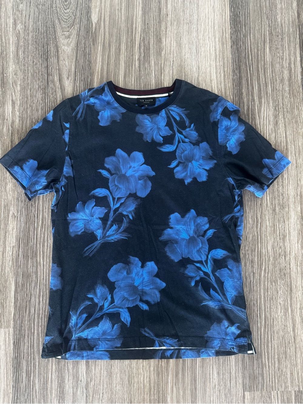 Ted Baker Black Tee with Blue Floral Print - Short Sleeve Crew